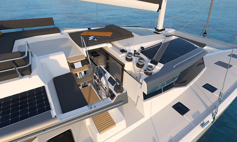 Cockpit of Ithaka, a Fountaine Pajot Tanna 47 Maestro catamaran at Road Town, British Virgin Islands