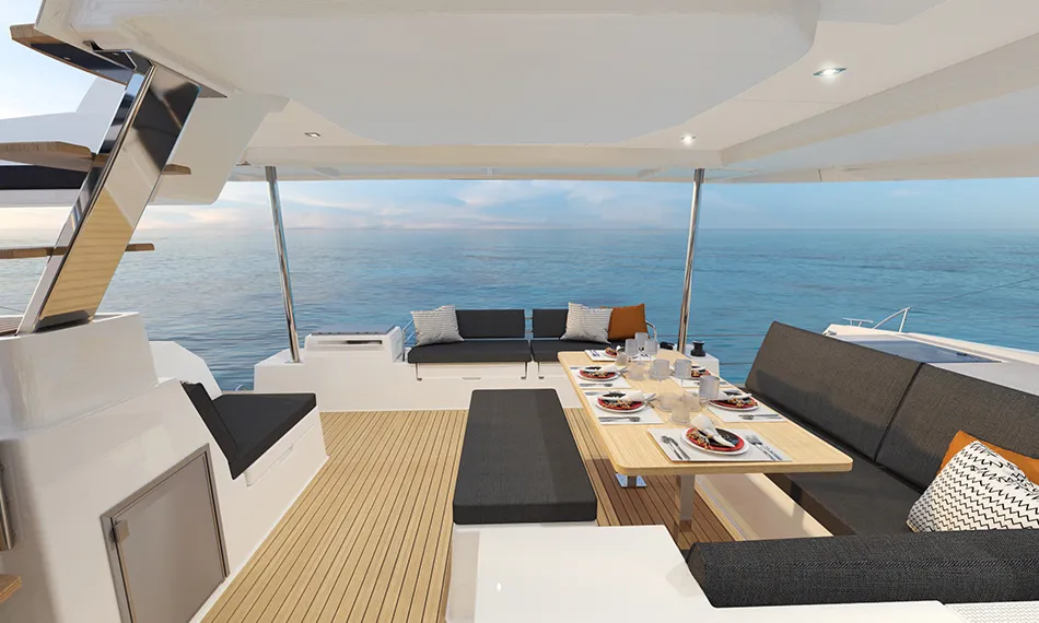 Deck of Ithaka, a Fountaine Pajot Tanna 47 Maestro catamaran at Road Town, British Virgin Islands