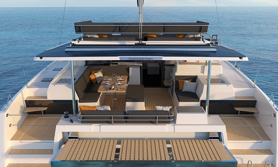 Deck of Ithaka, a Fountaine Pajot Tanna 47 Maestro catamaran at Road Town, British Virgin Islands
