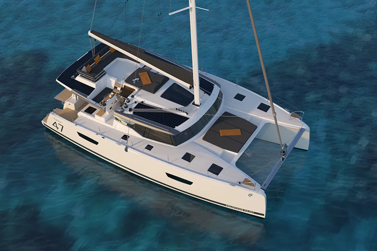Exterior view of Ithaka, a Fountaine Pajot Tanna 47 Maestro catamaran at Road Town, British Virgin Islands