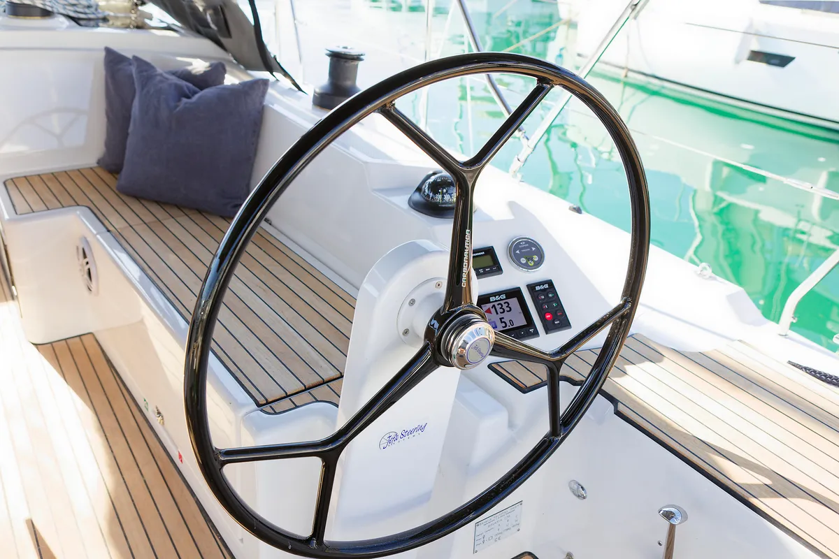 Cockpit of Skye, a Bavaria C38 sailboat at Grad Kaštela, Croatia