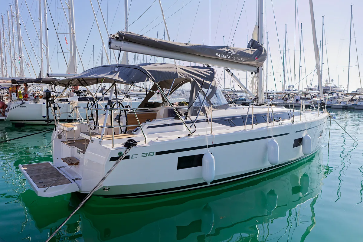 Exterior view of Skye, a Bavaria C38 sailboat at Grad Kaštela, Croatia