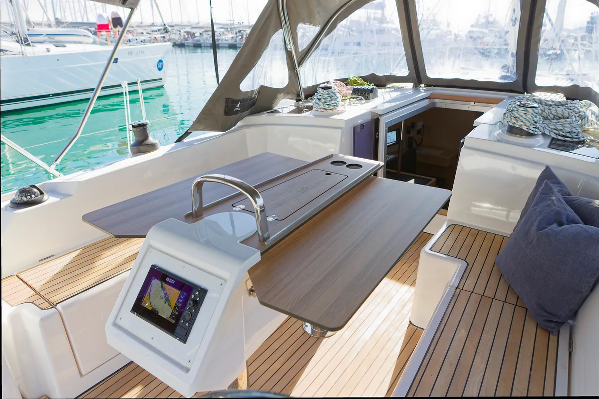 Cockpit of Skye, a Bavaria C38 sailboat at Grad Kaštela, Croatia