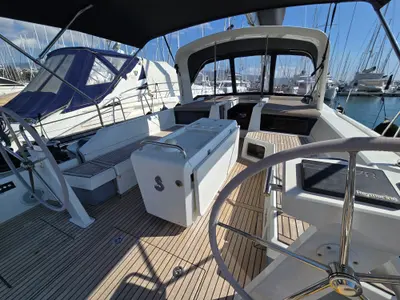 Cockpit of Amelia, a Beneteau Oceanis 51.1 sailboat at Athens, Greece