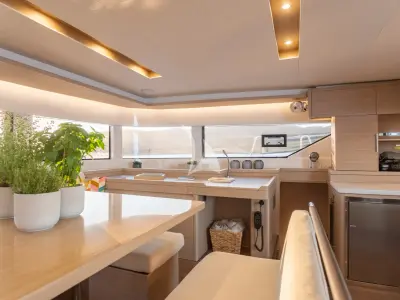 Salon of Aranel, a Lagoon 51 catamaran at Lavrion, Greece