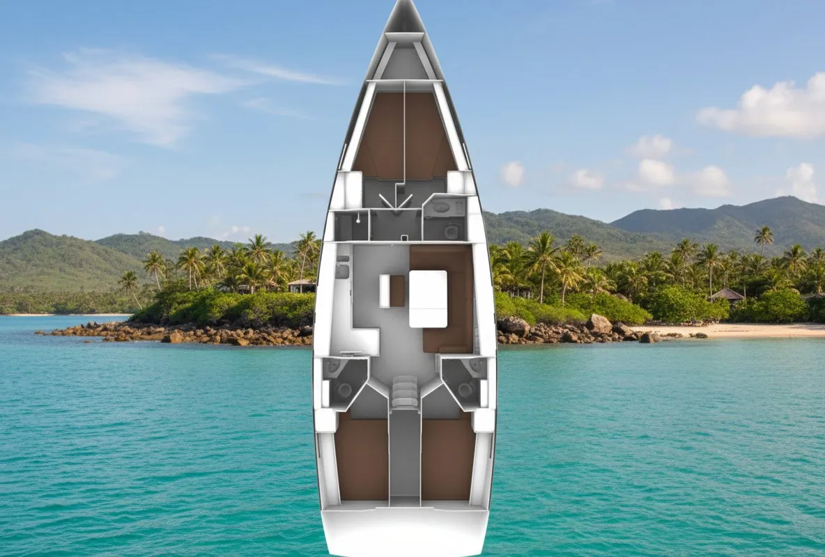 Exterior view of Garbin, a Bavaria Cruiser 46 sailboat at Punat, Croatia