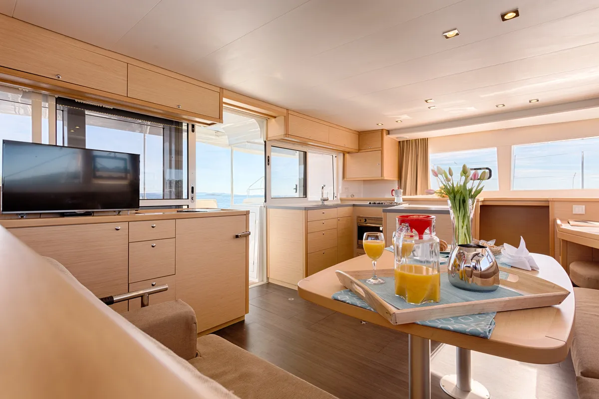 Salon of Blue Berry, a Lagoon 450 Fly catamaran at Trogir, Croatia