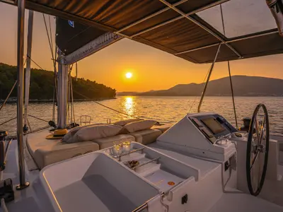 Cockpit of Blue Berry, a Lagoon 450 Fly catamaran at Trogir, Croatia