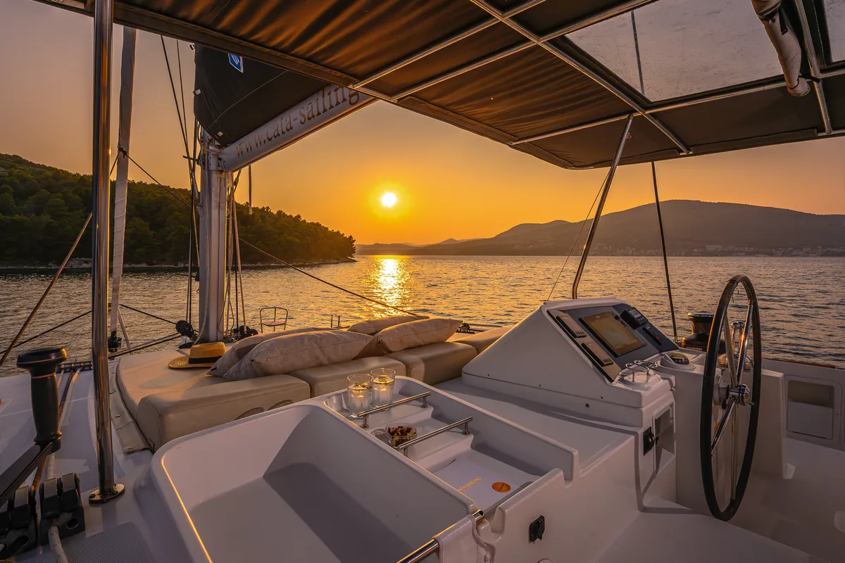 Cockpit of Blue Berry, a Lagoon 450 Fly catamaran at Trogir, Croatia