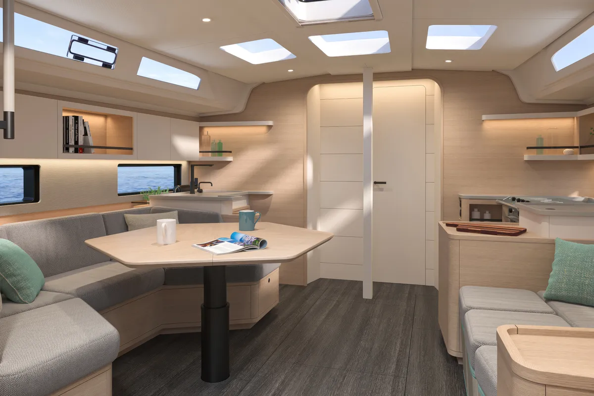 Salon of Sunsail 44.4 Premium, a Dufour 44 sailboat at Kontokali, Greece