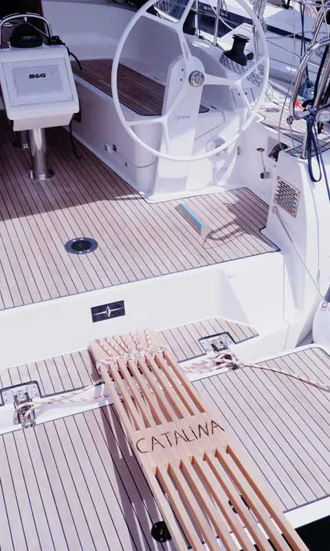 Cockpit of Catalina, a Bavaria Cruiser 37 sailboat at Figari/Golfo Aranci, Italy