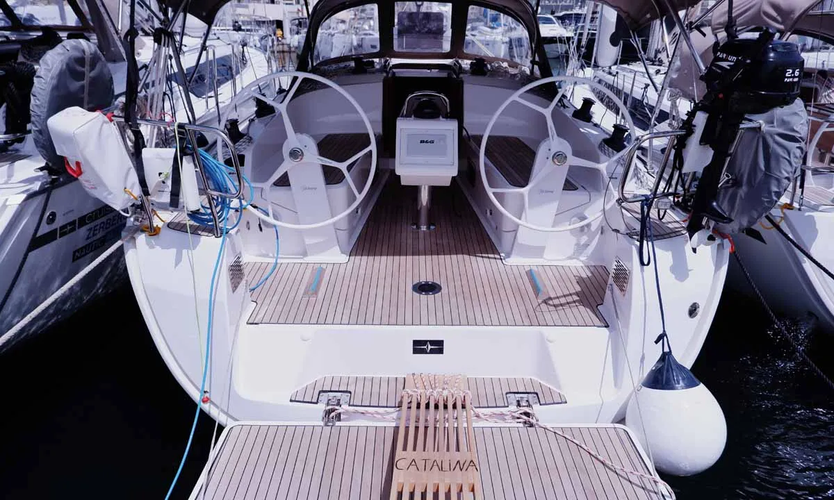 Cockpit of Catalina, a Bavaria Cruiser 37 sailboat at Figari/Golfo Aranci, Italy