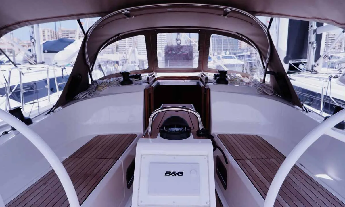Cockpit of Catalina, a Bavaria Cruiser 37 sailboat at Figari/Golfo Aranci, Italy
