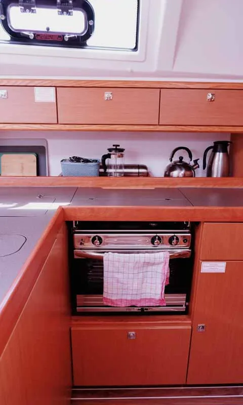 Galley of Catalina, a Bavaria Cruiser 37 sailboat at Figari/Golfo Aranci, Italy