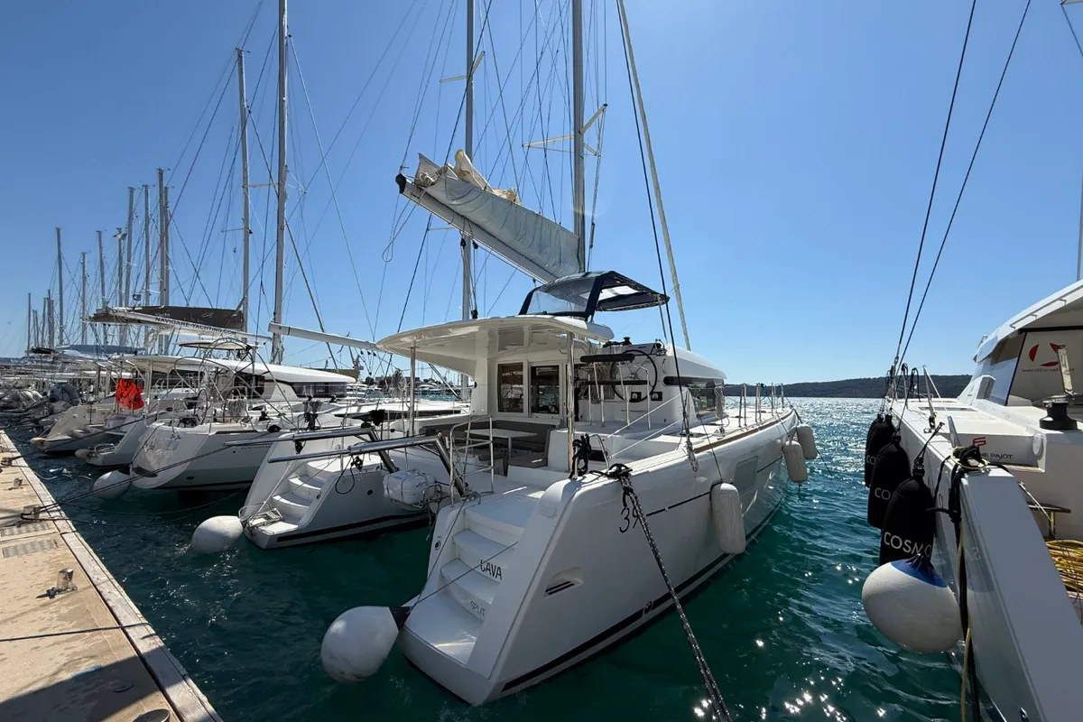Exterior view of Cava, a Lagoon 39 catamaran at Lavrion, Greece