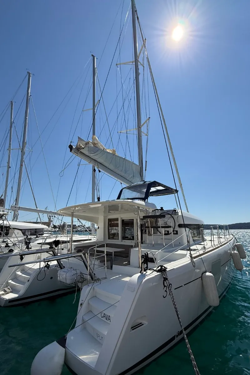 Exterior view of Cava, a Lagoon 39 catamaran at Lavrion, Greece