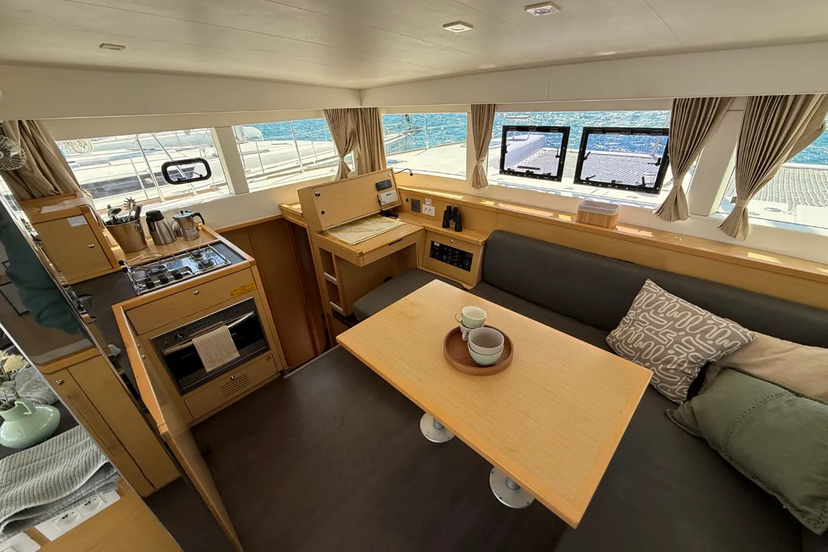 Salon of Cava, a Lagoon 39 catamaran at Lavrion, Greece