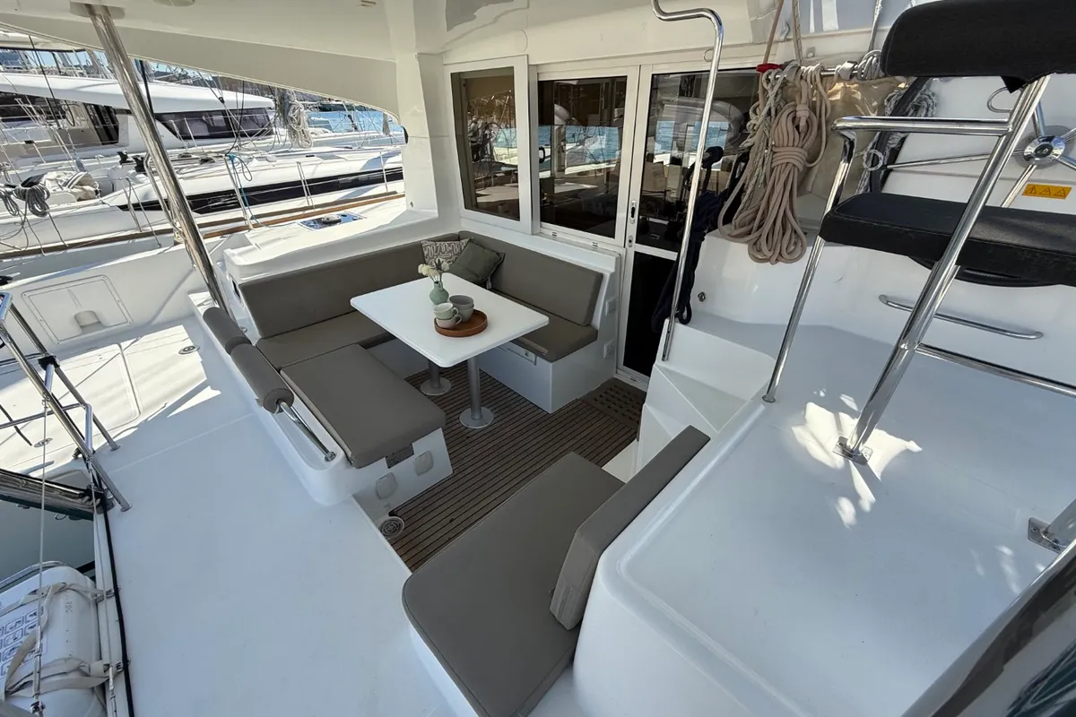 Deck of Cava, a Lagoon 39 catamaran at Lavrion, Greece