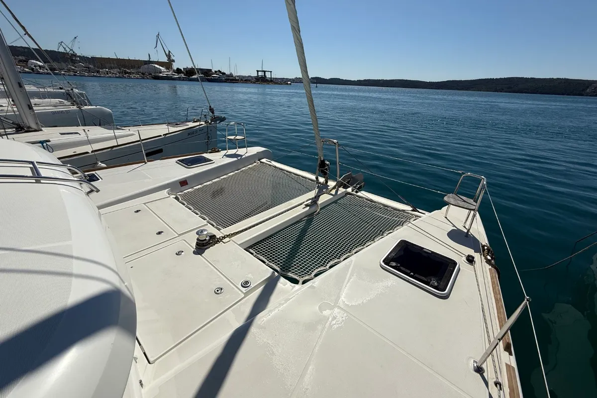 Deck of Cava, a Lagoon 39 catamaran at Lavrion, Greece