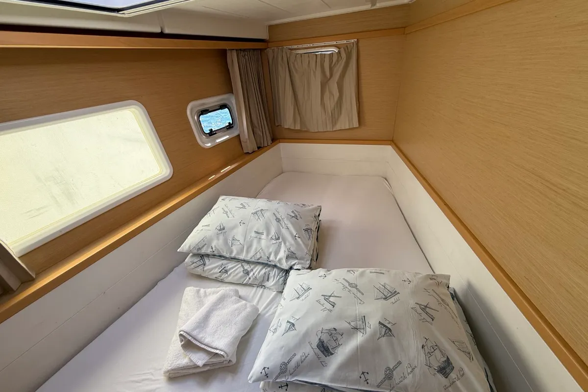 Cabin on Cava, a Lagoon 39 catamaran at Lavrion, Greece