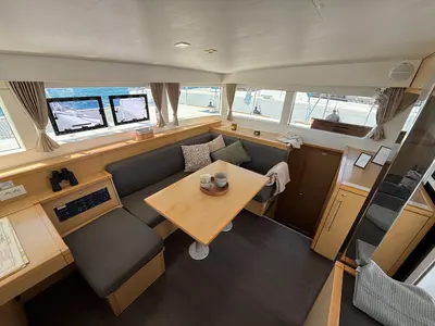 Salon of Cava, a Lagoon 39 catamaran at Lavrion, Greece
