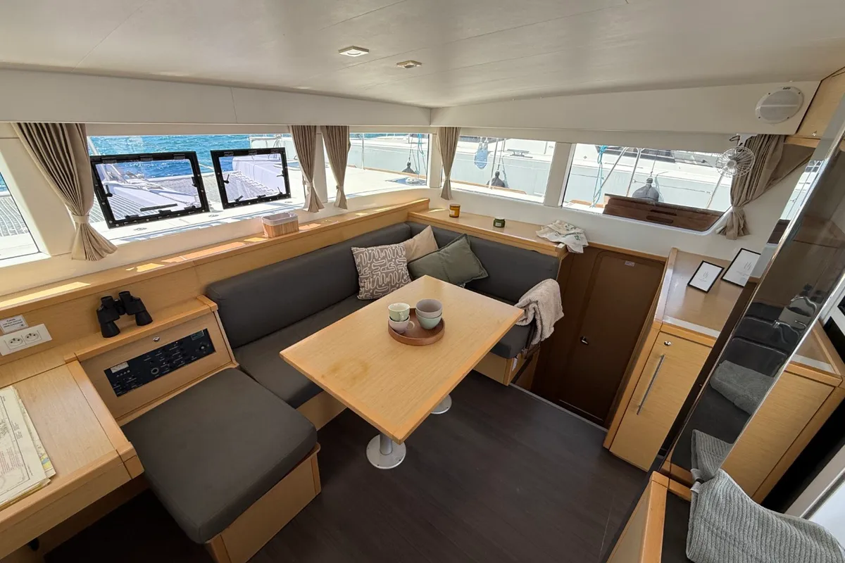 Salon of Cava, a Lagoon 39 catamaran at Lavrion, Greece