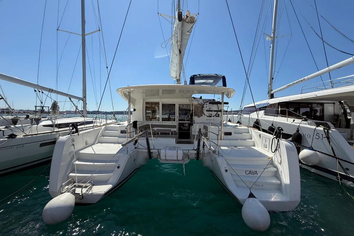 Exterior view of Cava, a Lagoon 39 catamaran at Lavrion, Greece