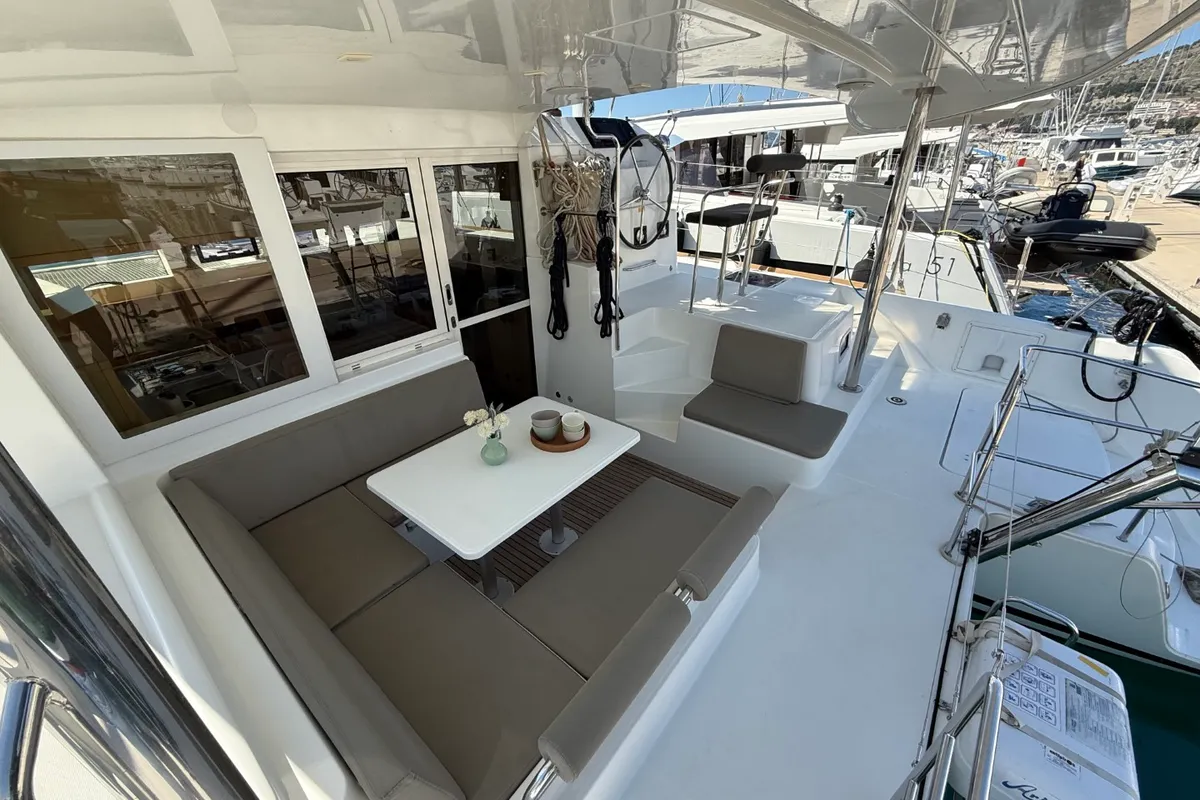 Deck of Cava, a Lagoon 39 catamaran at Lavrion, Greece