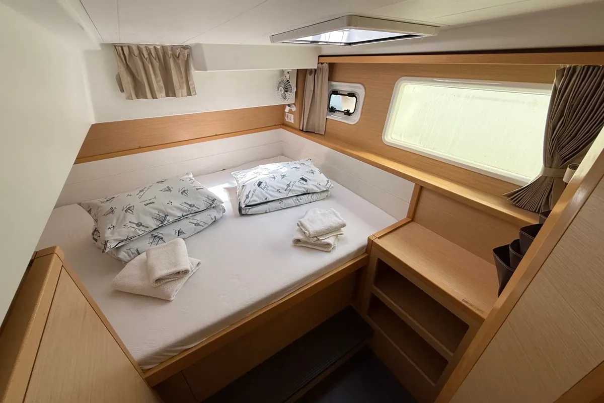 Cabin on Cava, a Lagoon 39 catamaran at Lavrion, Greece