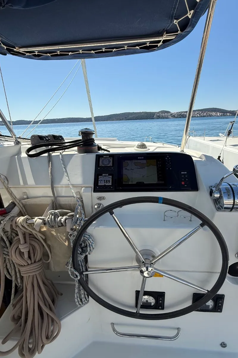 Cockpit of Cava, a Lagoon 39 catamaran at Lavrion, Greece