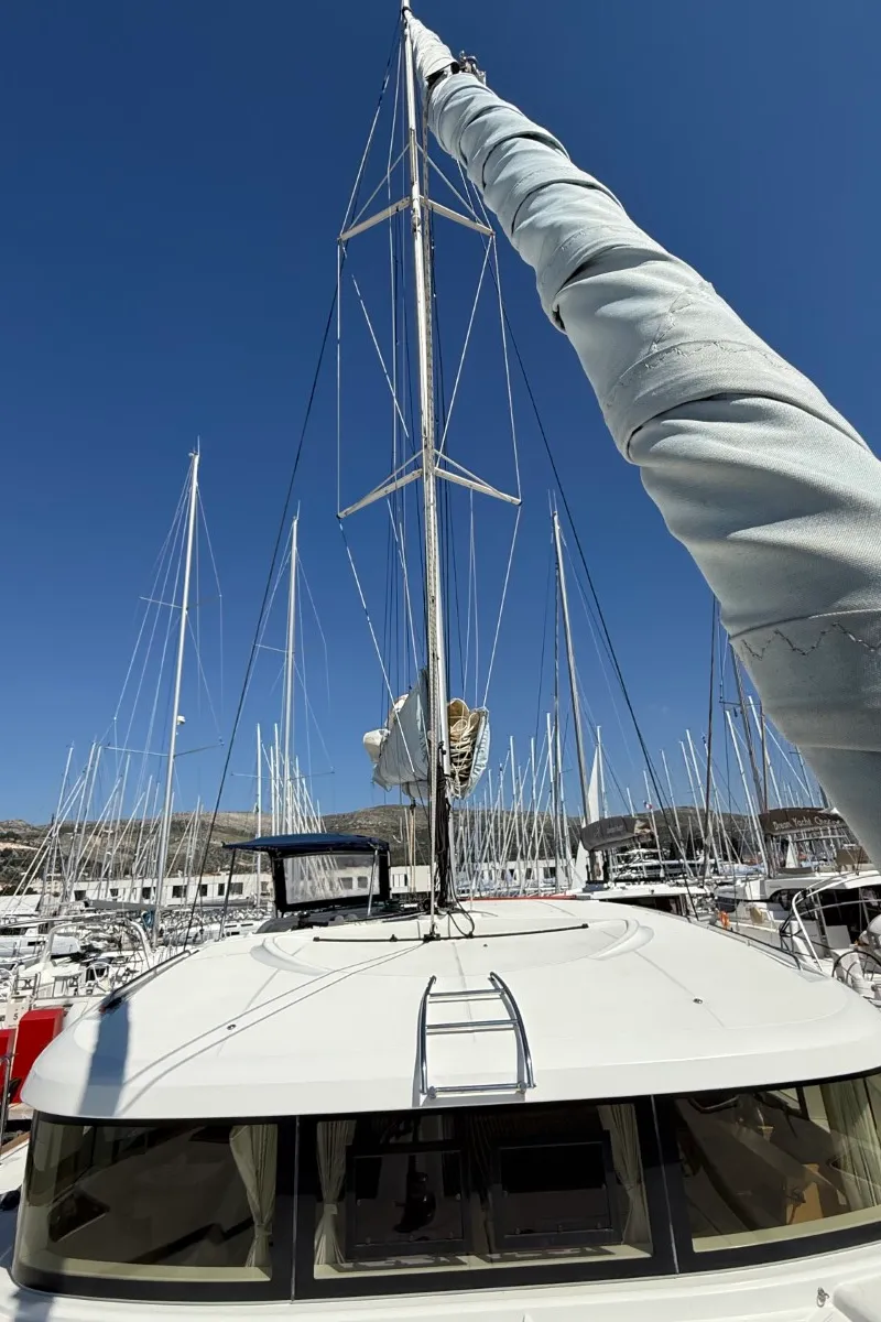 Exterior view of Cava, a Lagoon 39 catamaran at Lavrion, Greece