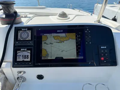 Cockpit of Cava, a Lagoon 39 catamaran at Lavrion, Greece