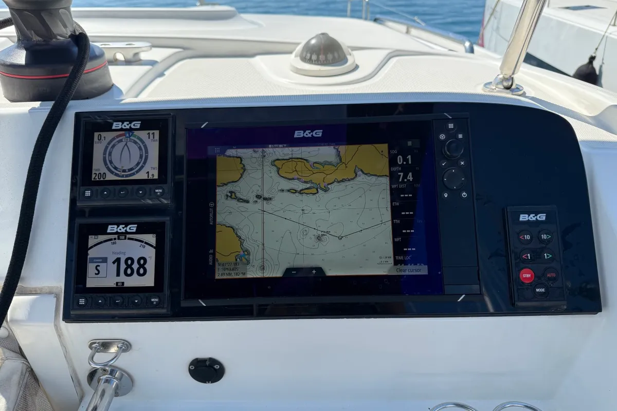 Cockpit of Cava, a Lagoon 39 catamaran at Lavrion, Greece