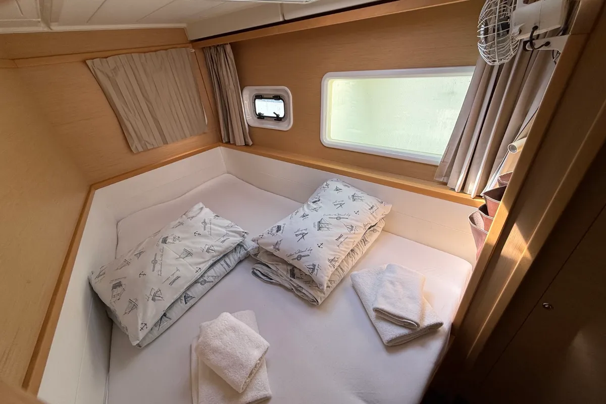 Cabin on Cava, a Lagoon 39 catamaran at Lavrion, Greece