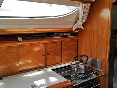 Galley of Kama, a Jeanneau Sun Odyssey 35 sailboat at Municipal Unit of Nea Peramos, Greece