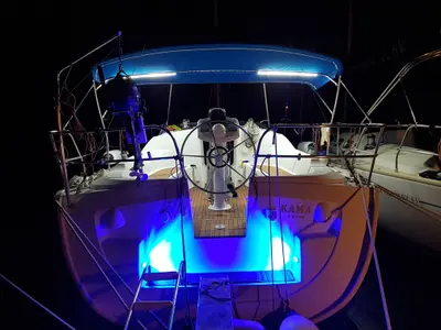 Cockpit of Kama, a Jeanneau Sun Odyssey 35 sailboat at Municipal Unit of Nea Peramos, Greece