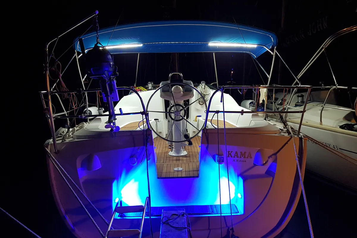 Cockpit of Kama, a Jeanneau Sun Odyssey 35 sailboat at Municipal Unit of Nea Peramos, Greece