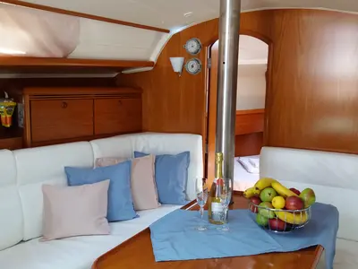 Salon of Kama, a Jeanneau Sun Odyssey 35 sailboat at Municipal Unit of Nea Peramos, Greece