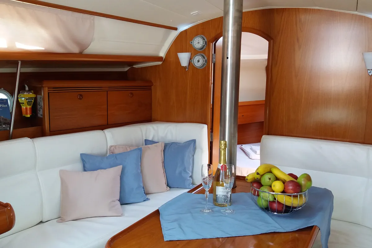 Salon of Kama, a Jeanneau Sun Odyssey 35 sailboat at Municipal Unit of Nea Peramos, Greece