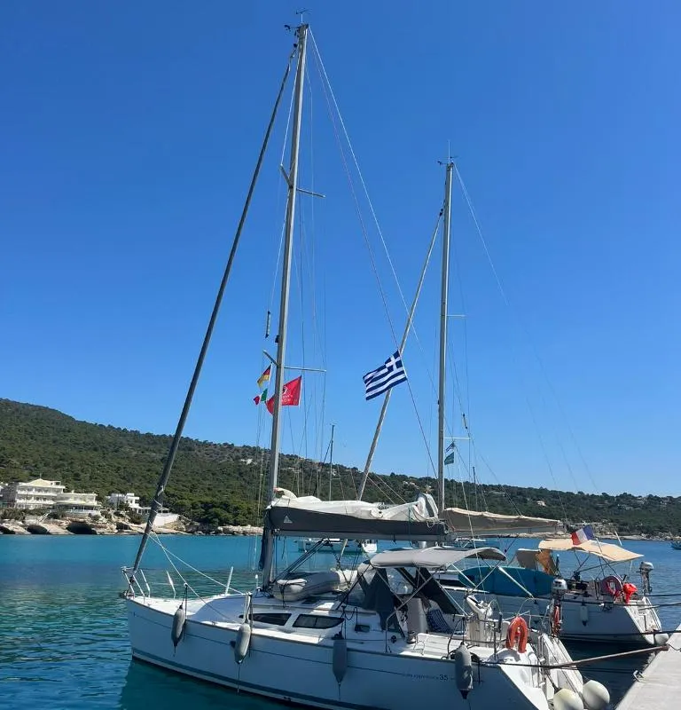 Exterior view of Kama, a Jeanneau Sun Odyssey 35 sailboat at Nea Peramos, Greece