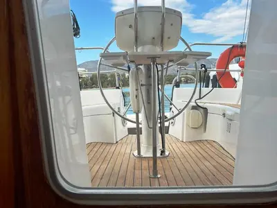 Cockpit of Kama, a Jeanneau Sun Odyssey 35 sailboat at Nea Peramos, Greece