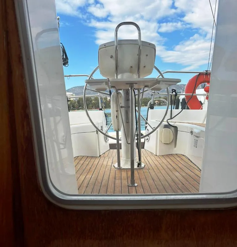 Cockpit of Kama, a Jeanneau Sun Odyssey 35 sailboat at Nea Peramos, Greece