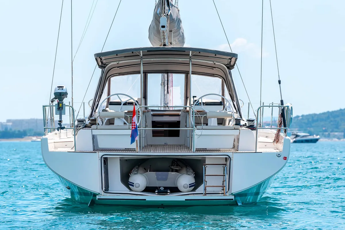 Exterior view of Spring Song, a Beneteau Oceanis 54 sailboat at Grad Kaštela, Croatia