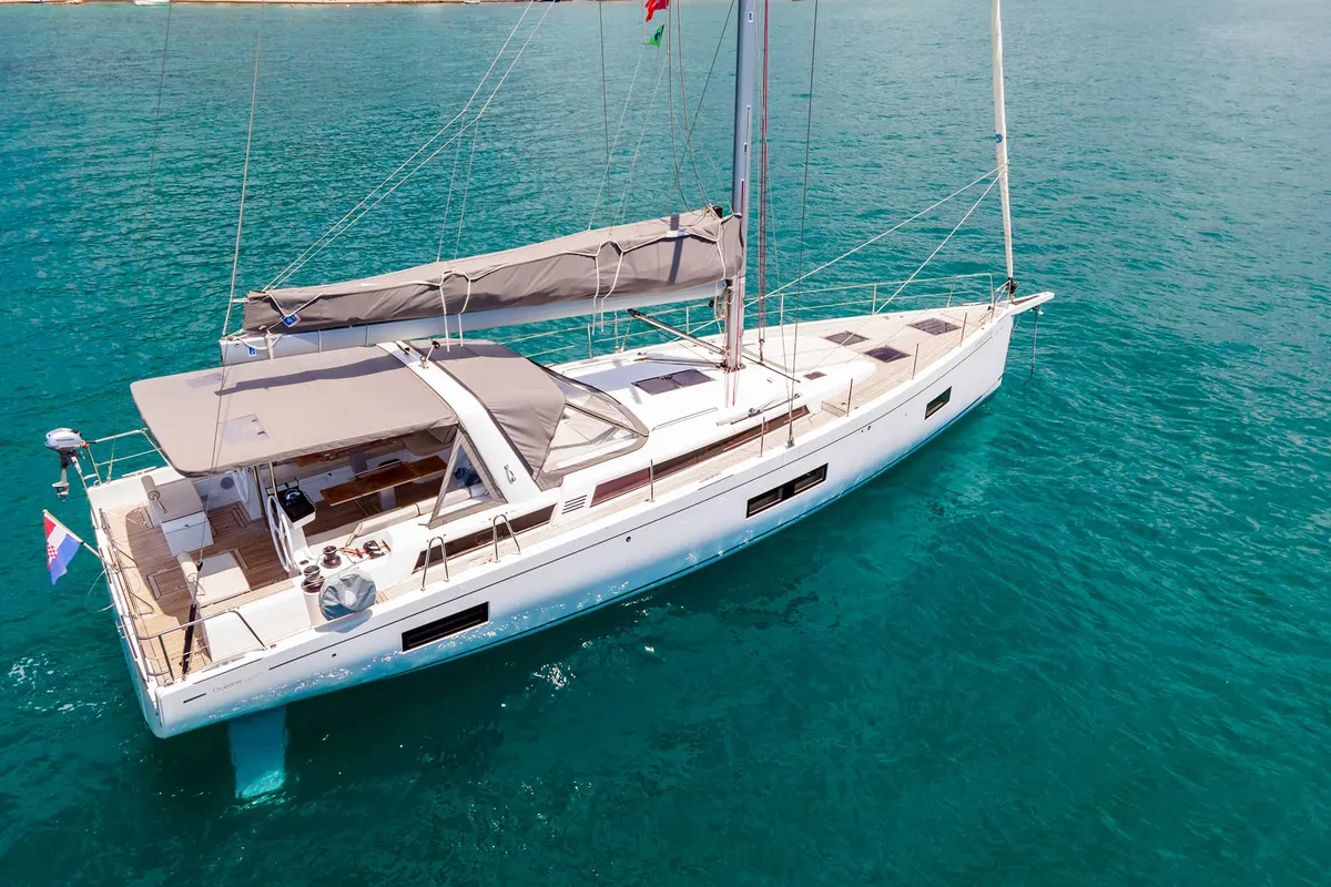 Exterior view of Spring Song, a Beneteau Oceanis 54 sailboat at Grad Kaštela, Croatia