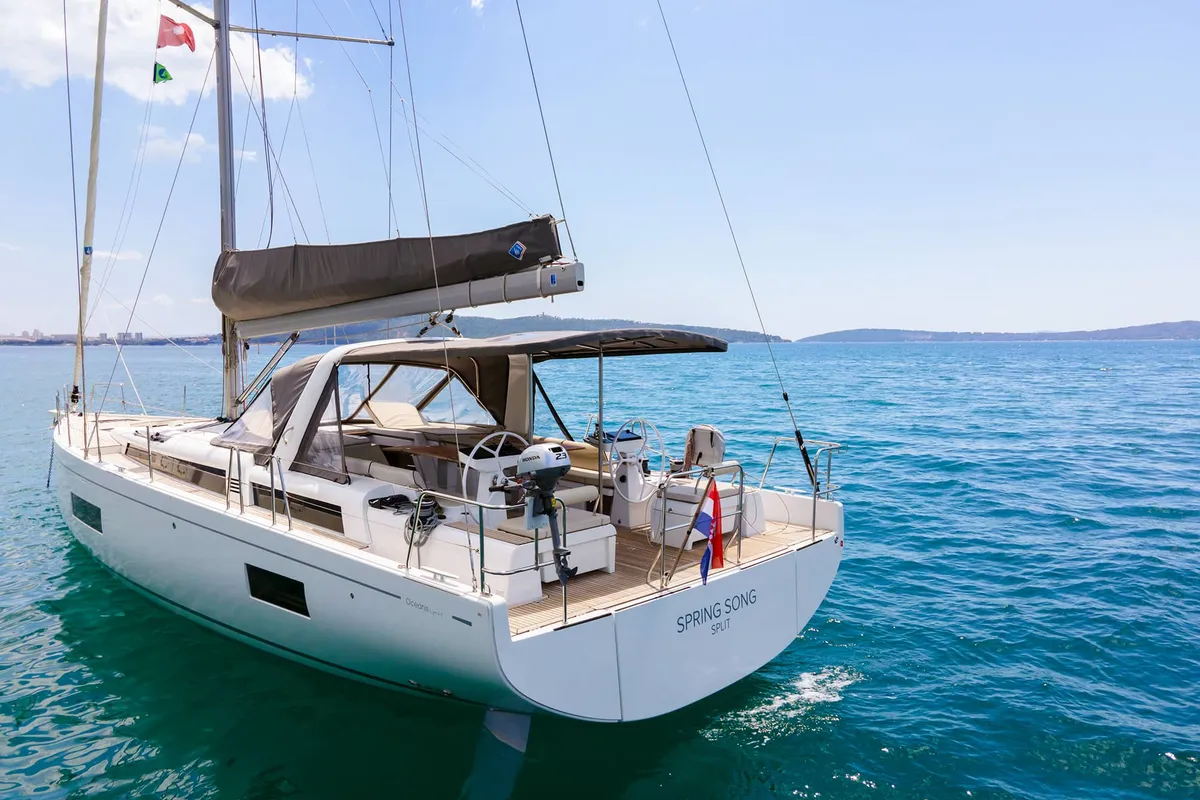 Exterior view of Spring Song, a Beneteau Oceanis 54 sailboat at Grad Kaštela, Croatia