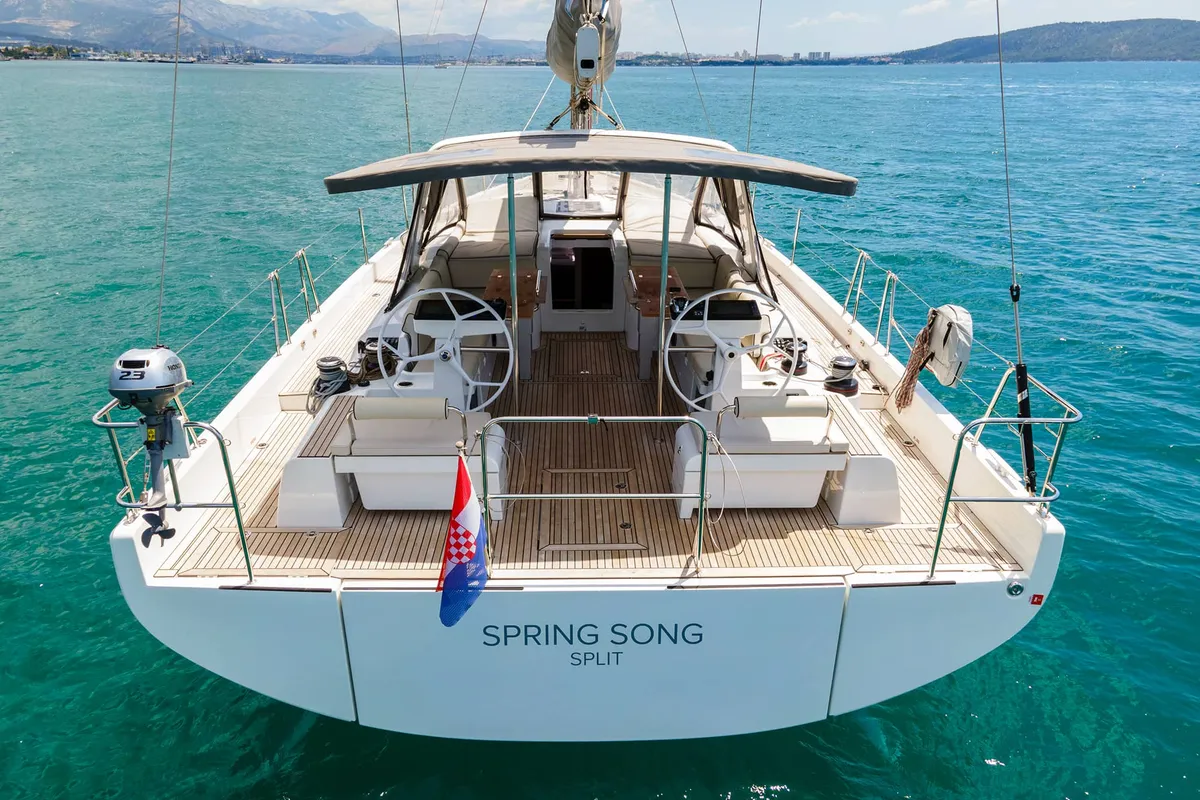Exterior view of Spring Song, a Beneteau Oceanis 54 sailboat at Grad Kaštela, Croatia