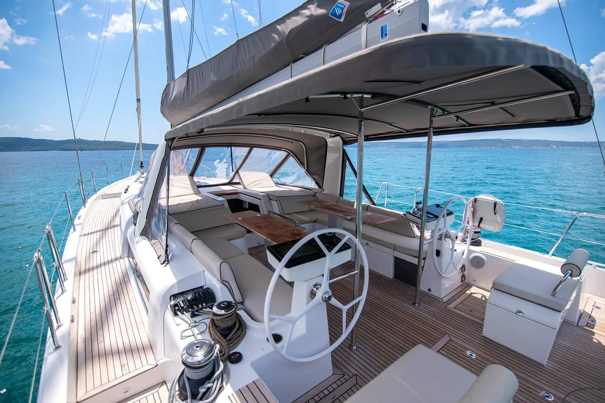 Deck of Spring Song, a Beneteau Oceanis 54 sailboat at Grad Kaštela, Croatia