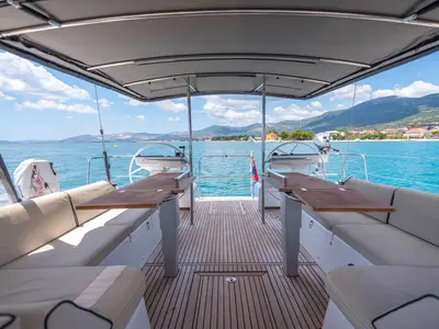 Cockpit of Spring Song, a Beneteau Oceanis 54 sailboat at Grad Kaštela, Croatia