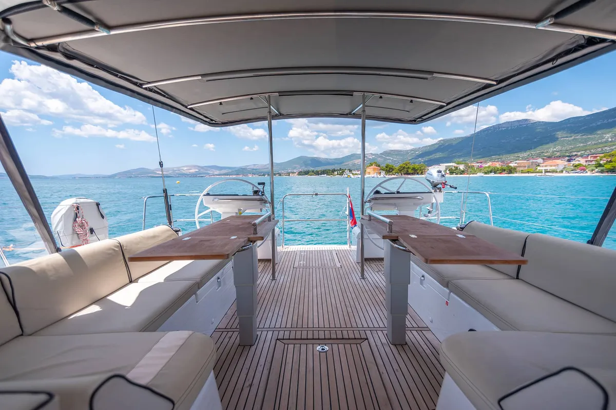 Cockpit of Spring Song, a Beneteau Oceanis 54 sailboat at Grad Kaštela, Croatia