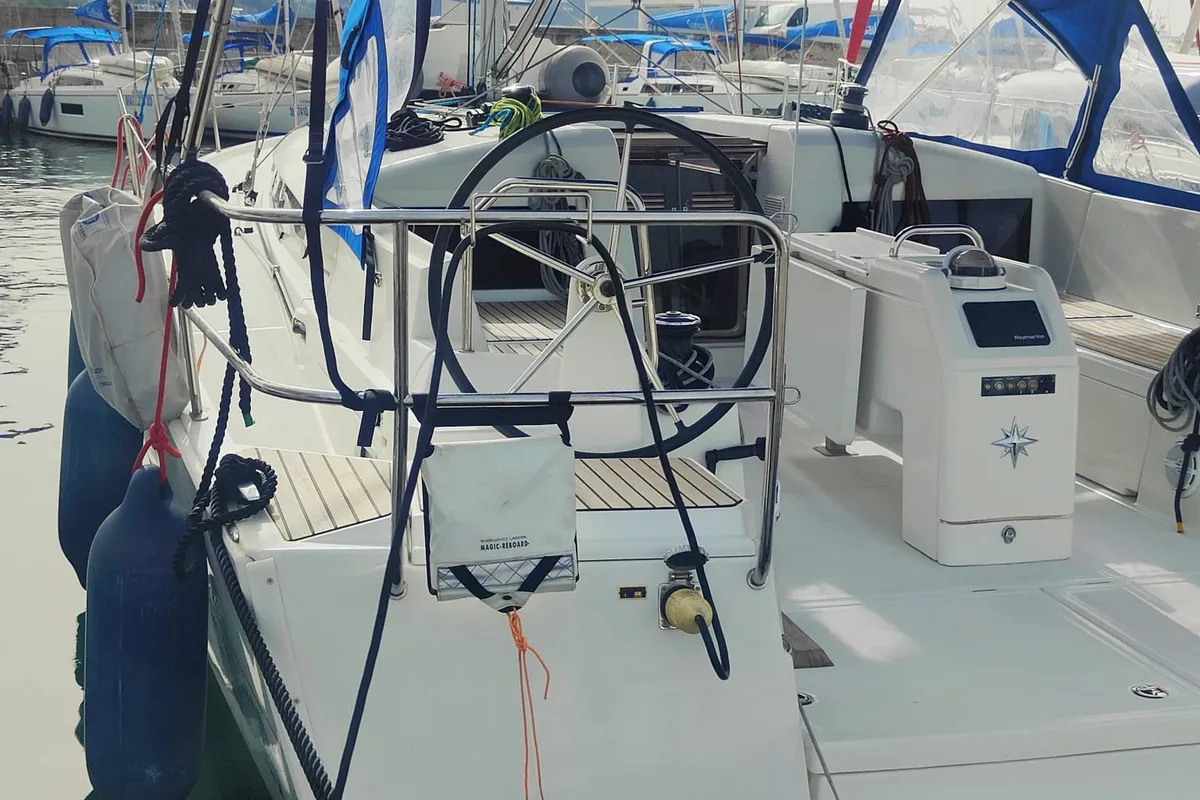 Iddu, a Jeanneau Sun Odyssey 440 sailboat at Procida, Italy